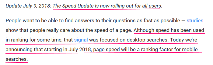 in 2018 Google announced in its official webmaster blog that speed would be a ranking factor in mobile search